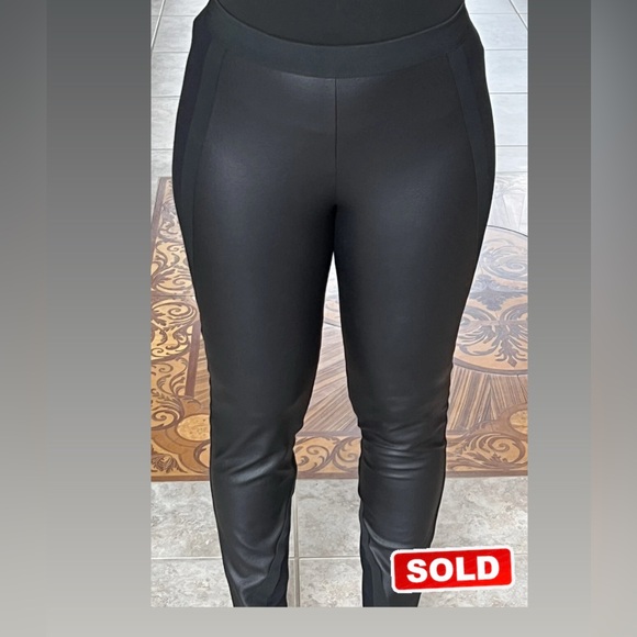 NEW BCBG MAX AZRIA BLACK TRAVIS ELASTIC Faux Leather TRIM Leggings SzLarge NWOT - Picture 1 of 8